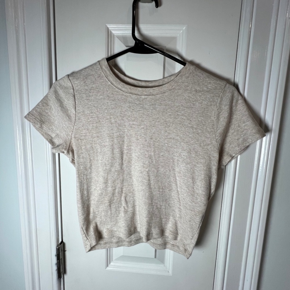Hollister Womens Oatmeal Heather Beige Cotton Short Sleeve Crop Top Tee Small